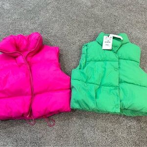 Green Zara Puffer Vest (NWT’s) and pink Vest